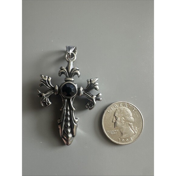 Cross Chain Pendant Double Sided Stone Viking Gothic Vintage Stainless Steel 24” - Picture 2 of 6